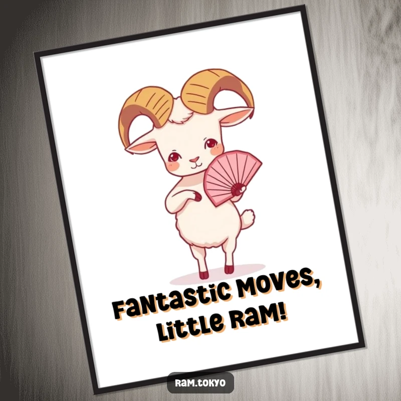 Funny Free Printable Wall Art depicting a small ram with tiny legs gracefully performing an enchanting fan dance, full of charm.