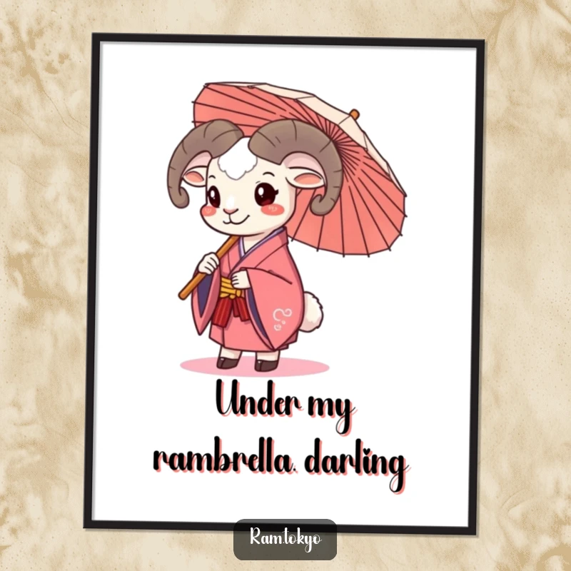 Funny Free Printable wall art of a ram in a kimono happily holding a traditional umbrella, radiating joy and good cheer.