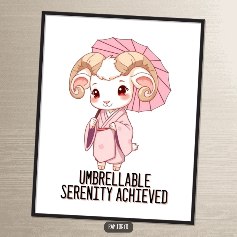 Free Printable Wall Art: Serene Ram in Silk Kimono Holding Delicate Umbrella, Elegant Home Decor