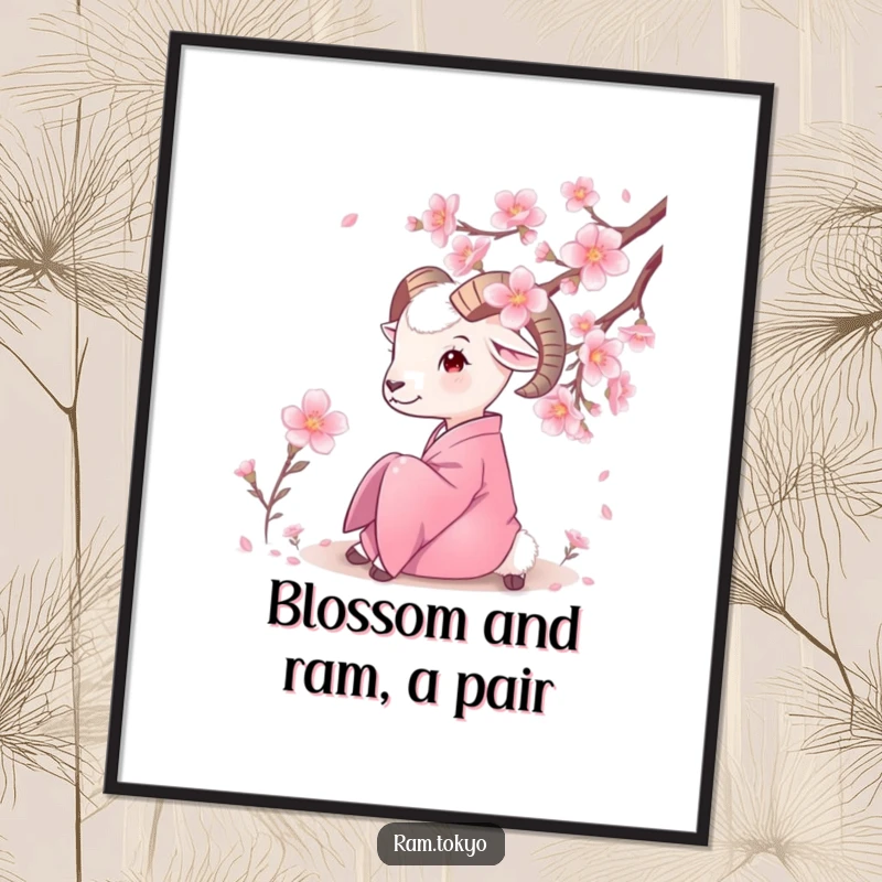 Funny Free Printable wall art of a ram in a silk kimono admiring a blooming cherry blossom, creating a serene scene.