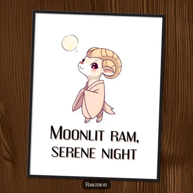 Funny Free Printable Wall Art featuring a ram in a flowing kimono looking serenely up at a majestic moon.