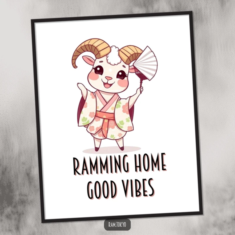 Funny Free Printable Wall Art: Cheerful Ram in Floral Kimono Playfully Tossing Paper Fan, Quirky Decor