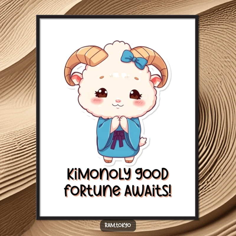 Funny Free Printable Wall Art: A fluffy, cute-eyed ram wearing a blue kimono performs a graceful, respectful bow.
