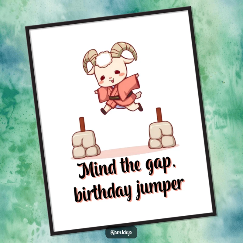 Funny Free Printable wall art of a ram in a short kimono, joyfully leaping over a small barrier with a smile.