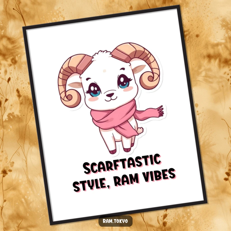 Funny Free Printable Wall Art of a ram with spirited eyes, a beautiful silk scarf, and an elegant wave.
