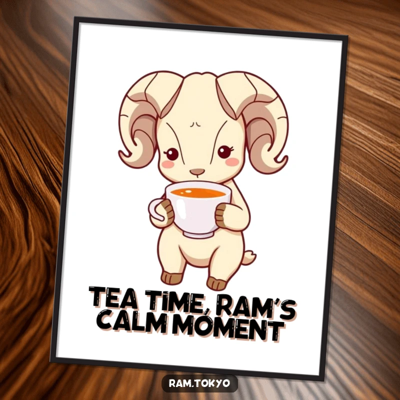 Funny Free Printable Wall Art depicting a ram with simple dot eyes bowing politely, gracefully holding a steaming tea cup.