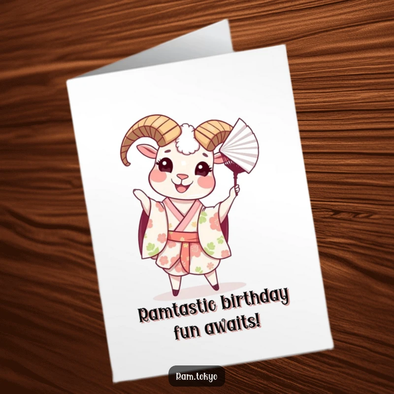 Funny Free Printable Birthday Card: Cheerful Ram in Floral Kimono Playfully Tossing Paper Fan, Greeting Card