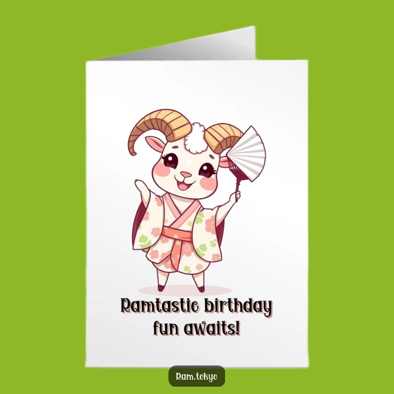 Free Printable Birthday Card: Funny Ram in Floral Kimono Tossing Fan - Downloadable Gift!