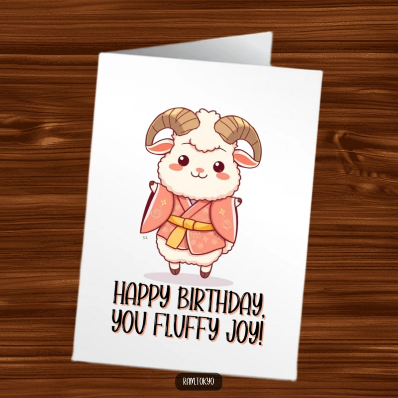 Free Printable Birthday Card: Fluffy Ram in Festive Kimono Doing a Happy Hop, Energetic Greeting
