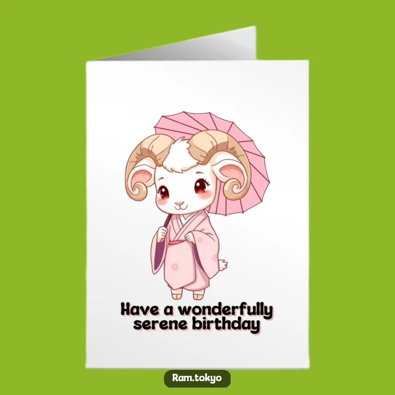 Free Printable Birthday Card: Serene Ram Kimono Umbrella - Elegant Downloadable Gift!