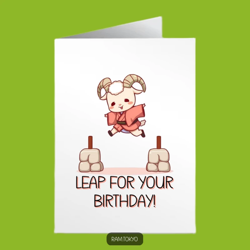 Free Printable Jumping Ram Birthday Card: Funny Kimono Leaper Downloadable Greeting
