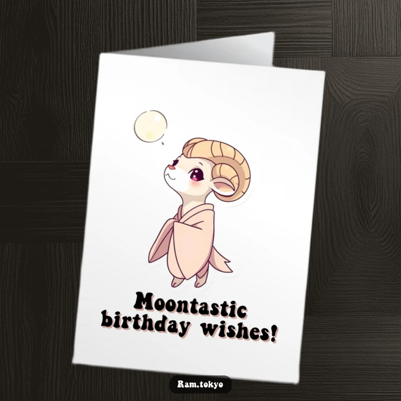 Funny Free Printable Birthday Card showing a ram in a flowing kimono gazing peacefully up at the beautiful moon.