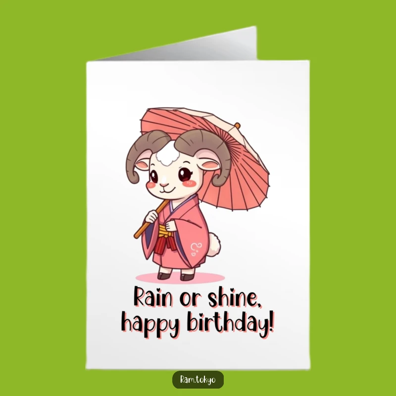 Free Printable Sunny Ram Birthday Card: Funny Kimono Umbrella Downloadable Greeting