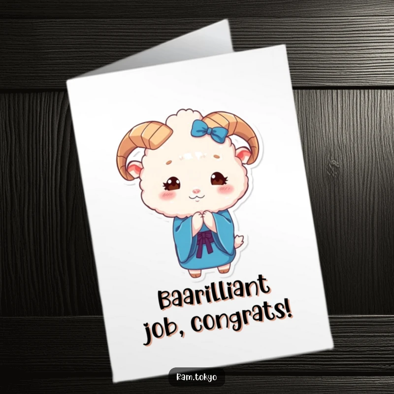 Funny Free Printable Congratulations Card: A cute, fluffy ram in a blue kimono bows with elegance and charm.