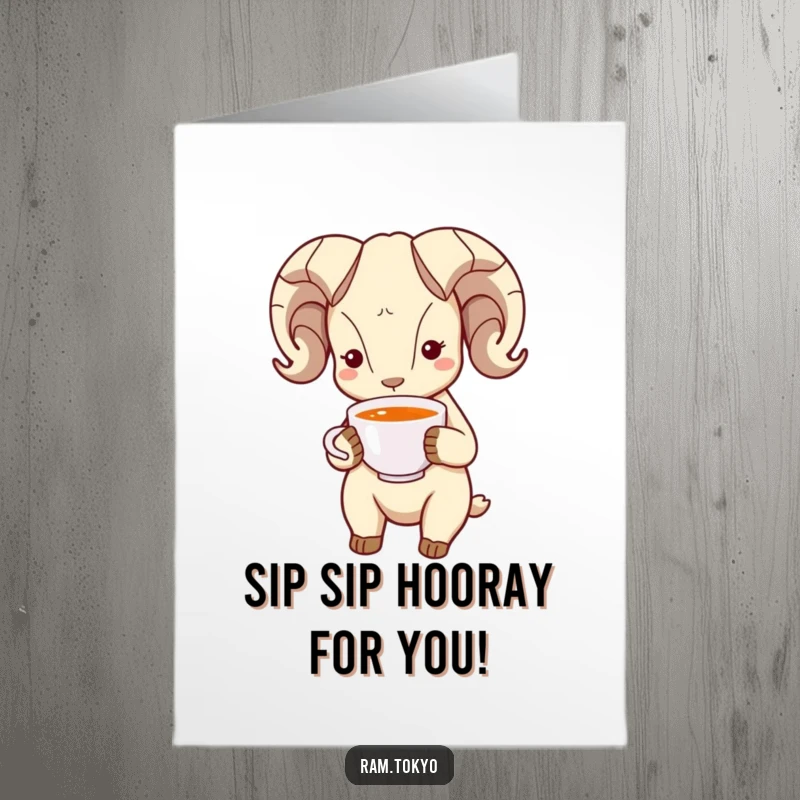 Funny Free Printable Congratulations Card of a ram with simple dot eyes bowing respectfully while offering tea.