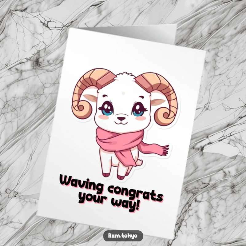Funny Free Printable Congratulations Card of a ram with mischievous eyes, a silk scarf, and a friendly wave.