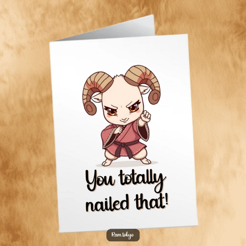 Funny Free Printable congratulations card showing a victorious ram in a kimono striking a triumphant martial arts pose.