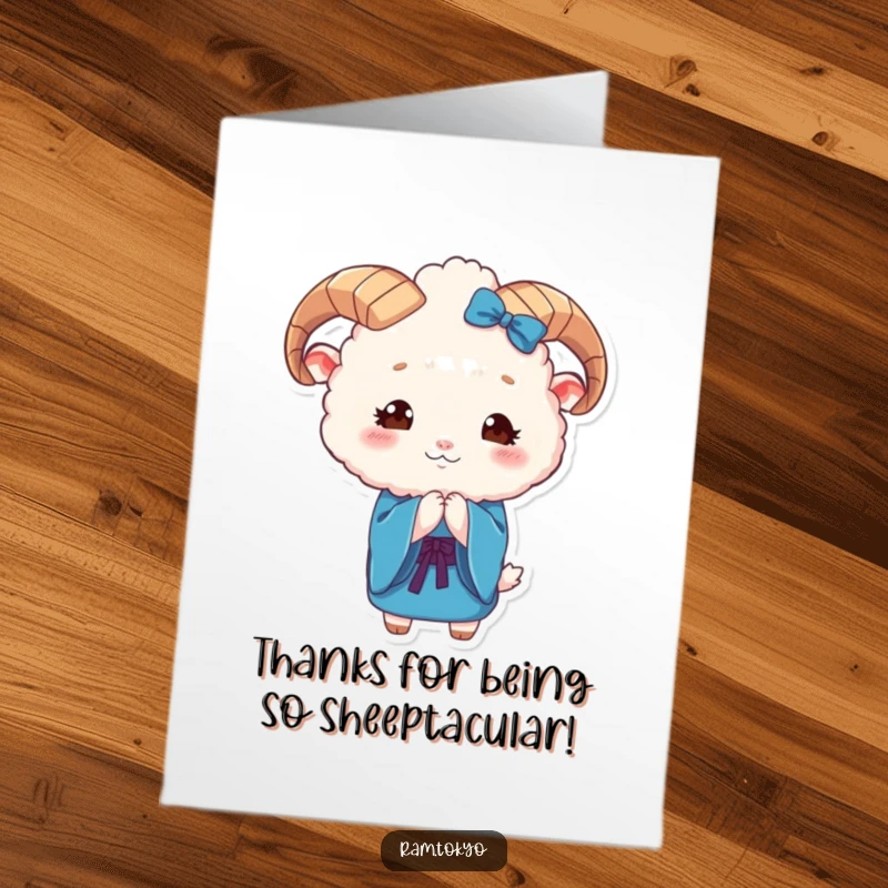 Funny Free Printable Thank You Card: A fluffy ram with kind eyes bows gracefully in its blue kimono, showing thanks.