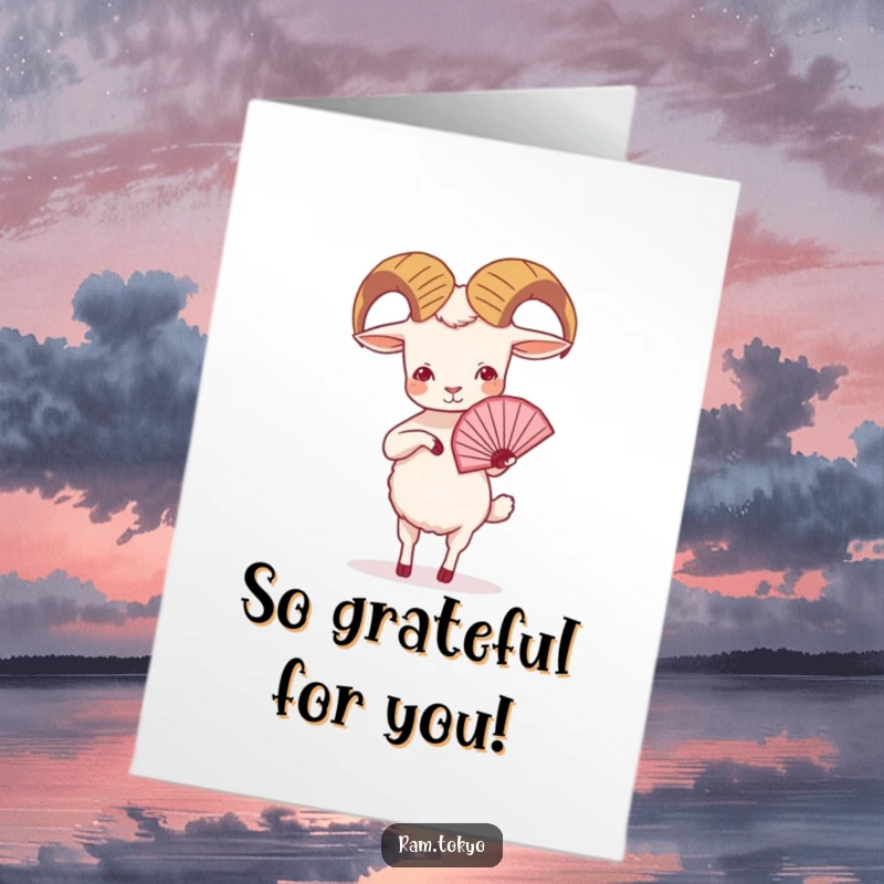 Funny Free Printable Thank You Card of a small ram with tiny legs performing a delicate fan dance, conveying thanks.