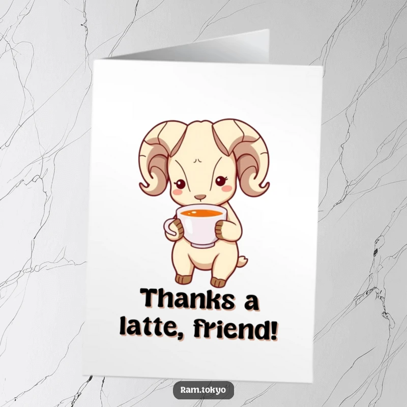 Funny Free Printable Thank You Card of a ram with dot eyes bowing politely, holding a tea cup in gratitude.