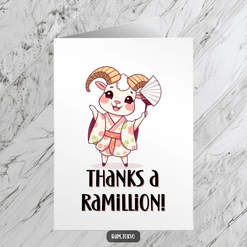 Funny Free Printable Thank You Card: Cheerful Ram in Floral Kimono Tossing Paper Fan, Gratitude Card