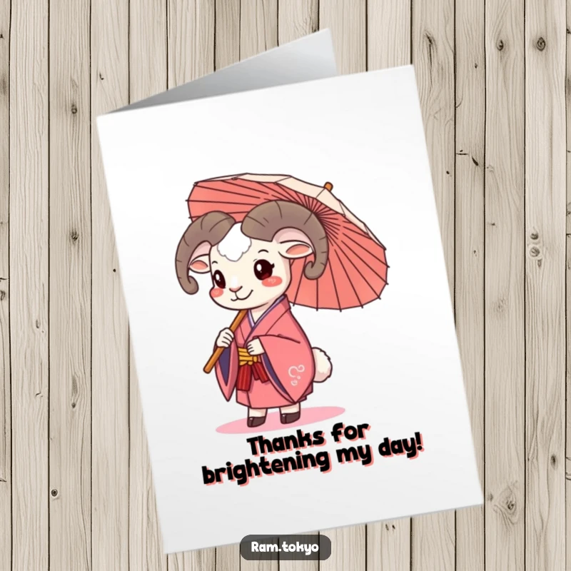 Funny Free Printable thank you card featuring a ram in a kimono happily holding a traditional umbrella, conveying thanks with a smile.