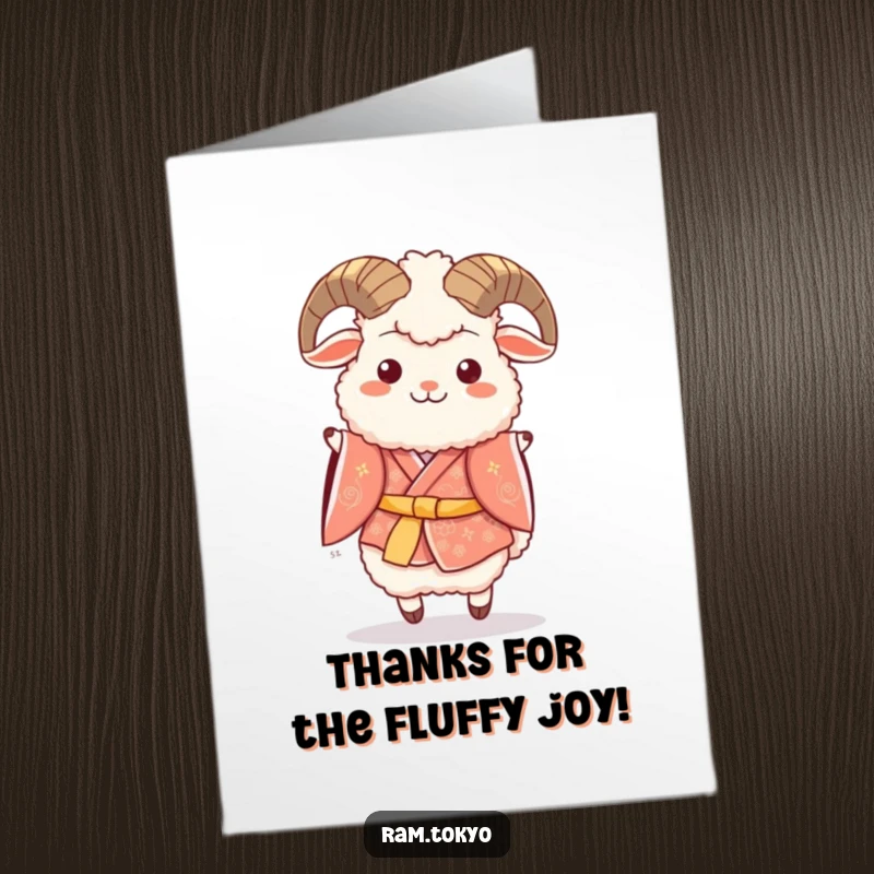 Free Printable Thank You Card: Fluffy Ram in Festive Kimono Doing a Happy Hop, Cheerful Thanks