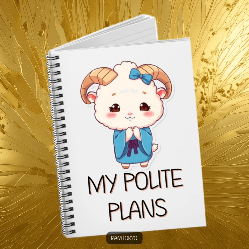 Funny Ram Kimono Notebook featuring a cute, fluffy ram in a blue kimono bowing, perfect for elegant notes.