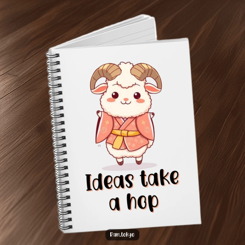 Funny notebook with a fluffy ram in a festive kimono, joyfully hopping, ready for your cheerful notes.