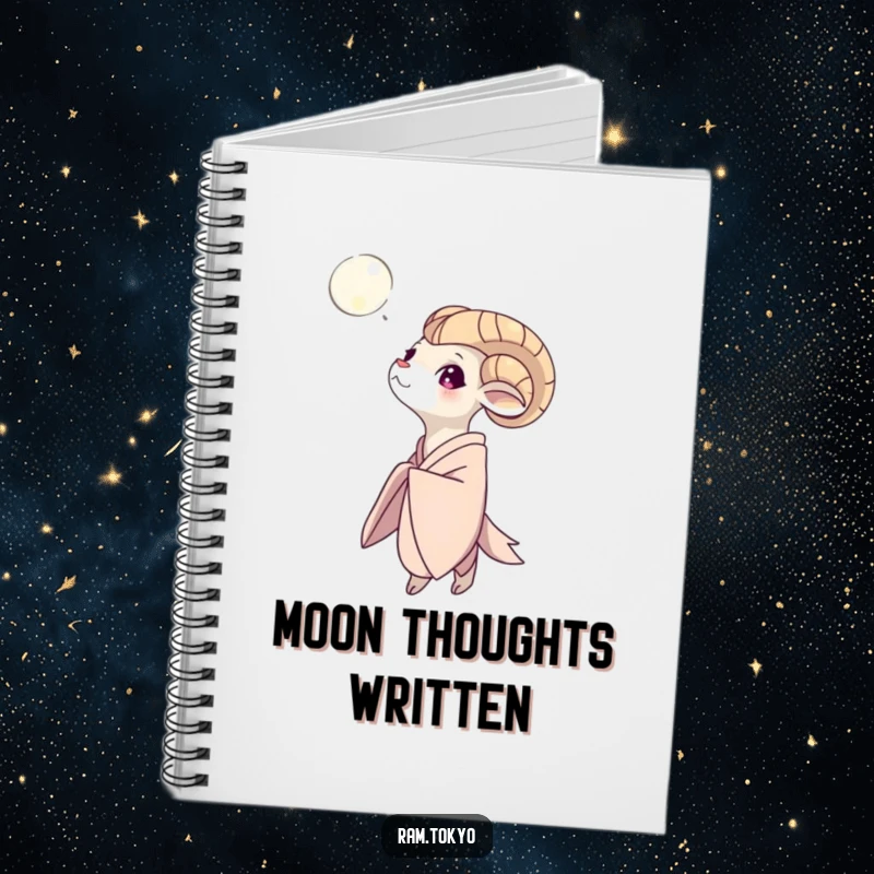 Funny Moon Gazing Ram Notebook: Ram in a flowing kimono gazing at the moon, perfect for journaling and note-taking.