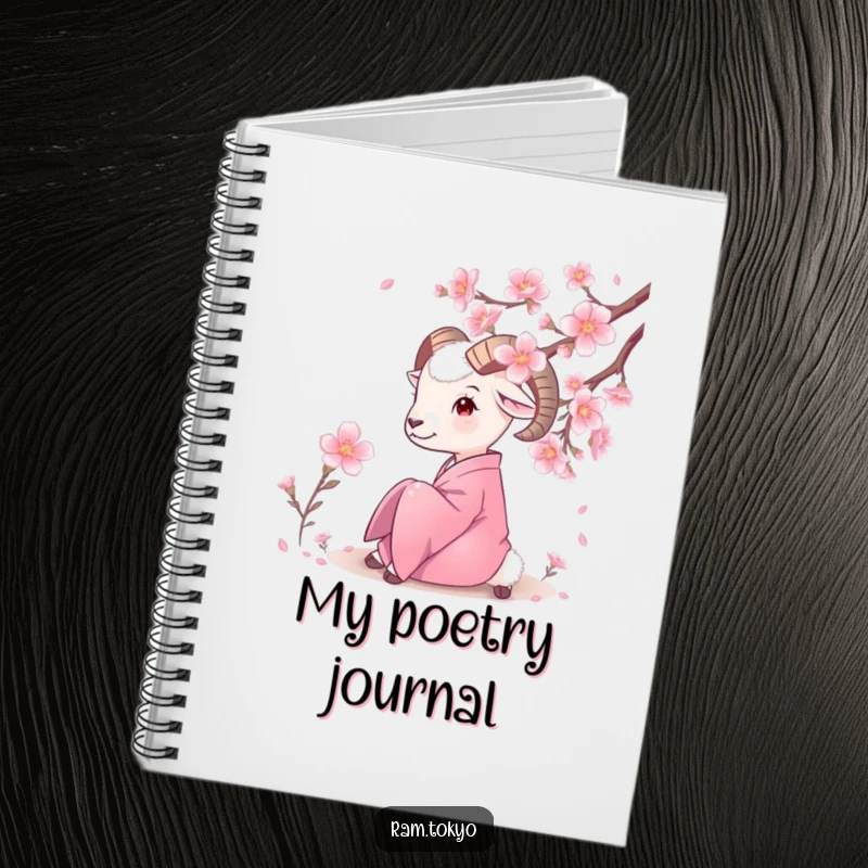 Funny Serene Ram Kimono Notebook featuring a ram in a silk kimono admiring cherry blossoms, inspiring peaceful and humorous writing.