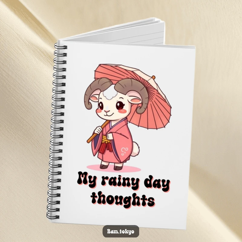 Funny Happy Ram Umbrella Notebook featuring a ram in a kimono happily holding a traditional umbrella, inspiring cheerful and humorous writing.