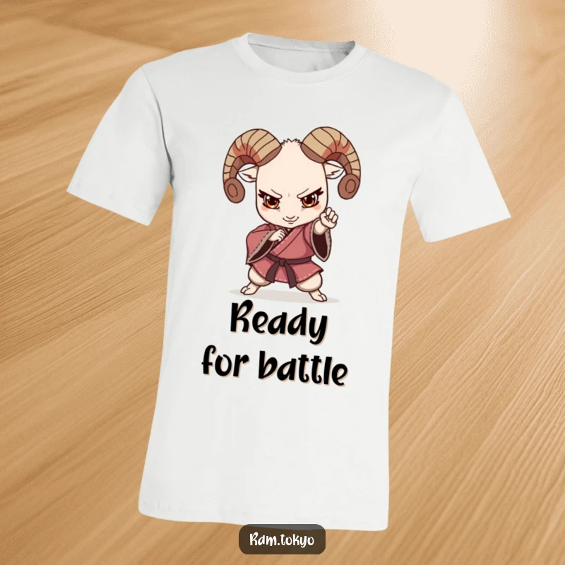 Funny Kimono Ram T-Shirt featuring a determined ram in a martial arts pose, dressed in a traditional kimono, ready for action.