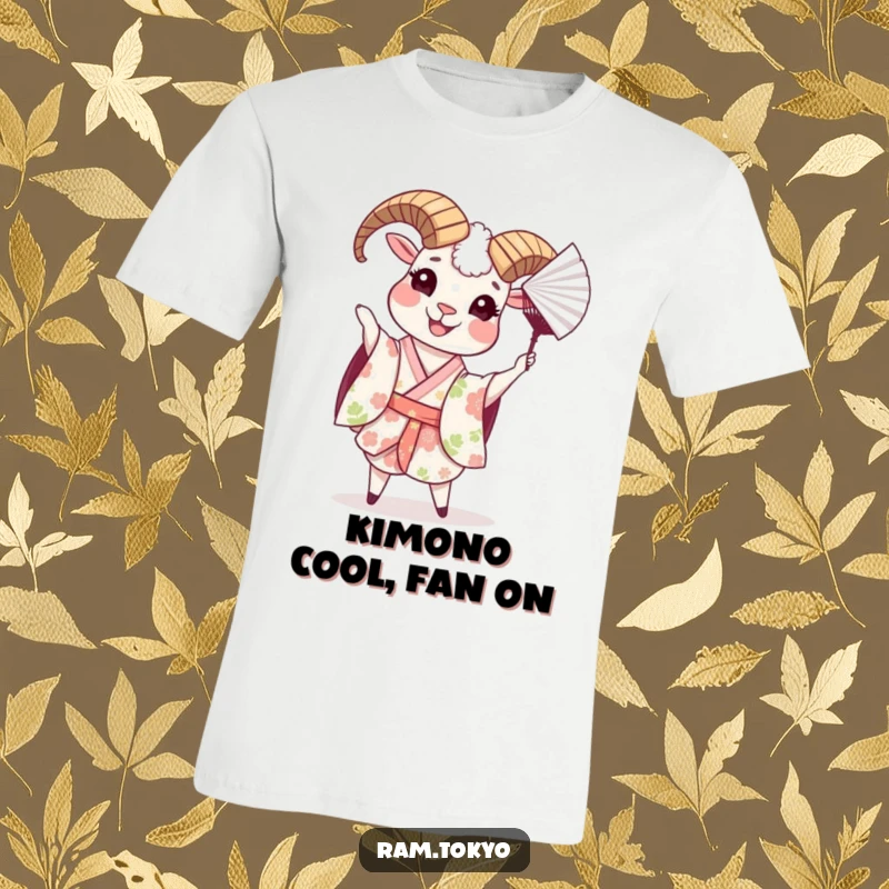 Funny t-shirt of a happy ram in a floral kimono, playfully tossing a Japanese paper fan with a cheerful demeanor.