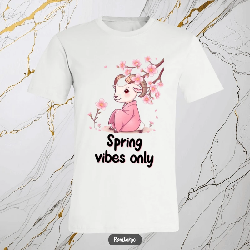Funny Silk Kimono Ram T-Shirt featuring a ram in an elegant kimono admiring a delicate cherry blossom tree in bloom.