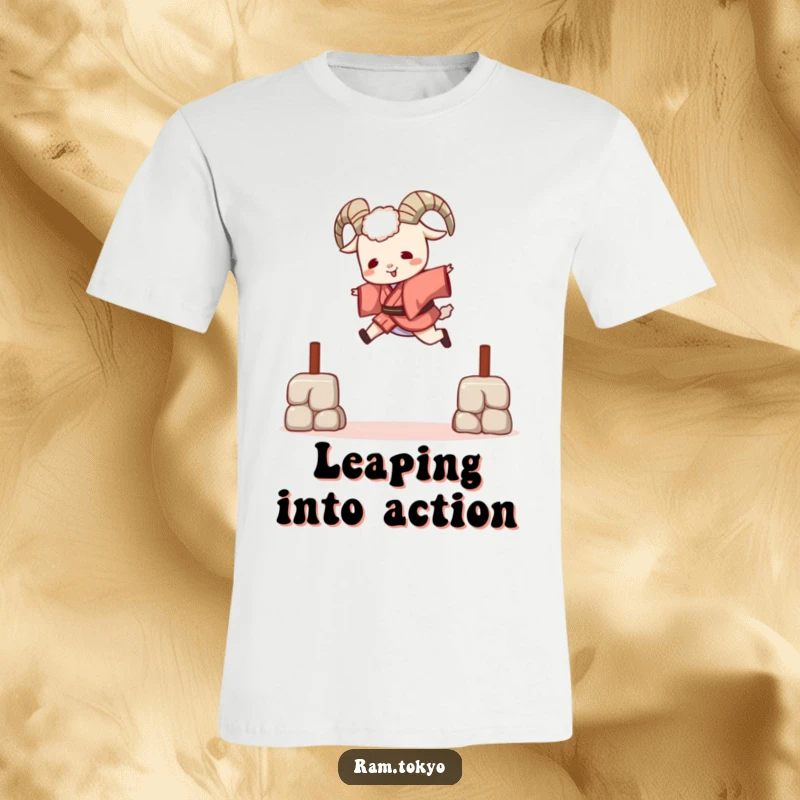 Funny Playful Ram Kimono T-Shirt featuring a ram in a short kimono leaping energetically over a small obstacle with delight.