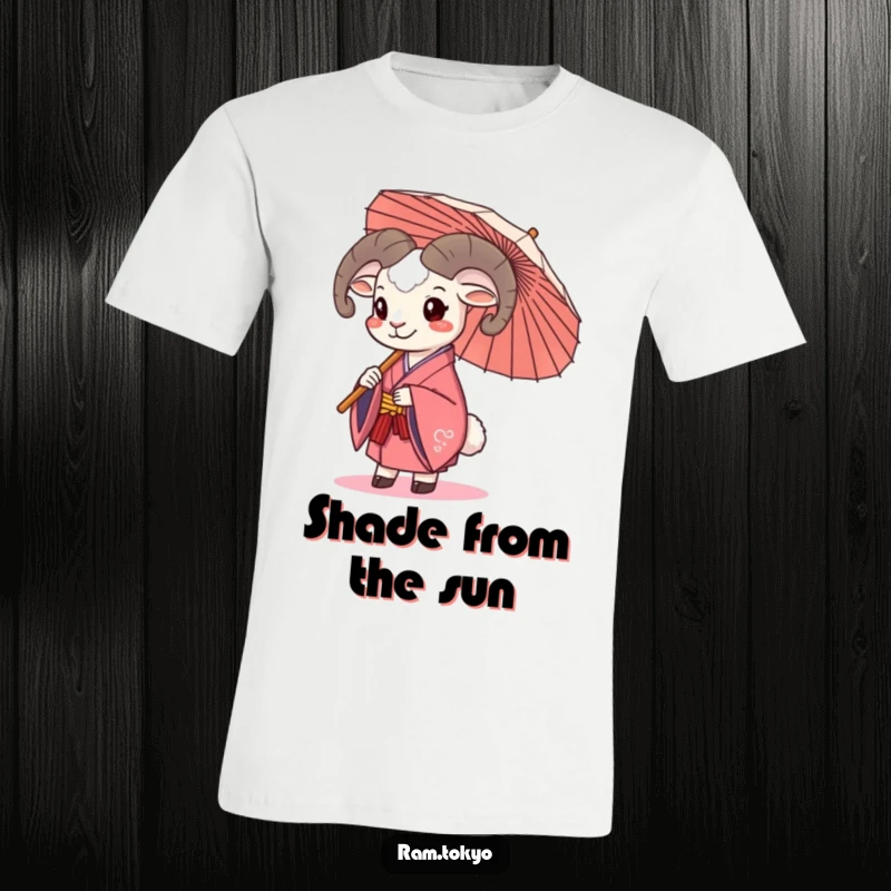 Funny Kimono Ram T-Shirt featuring a happy ram wearing a kimono and holding a traditional umbrella with a cheerful expression.