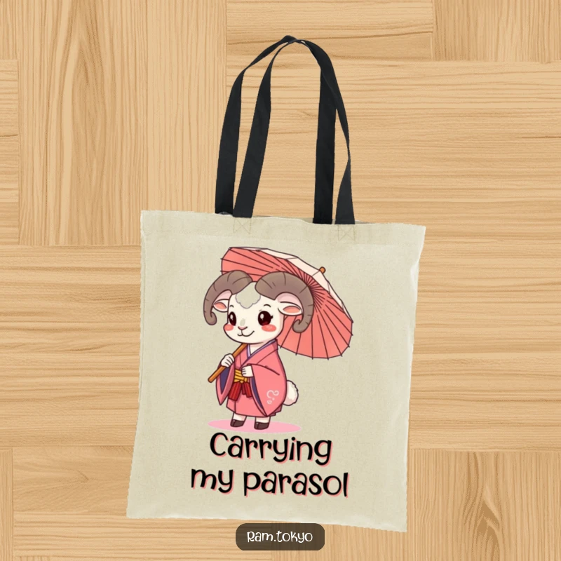 Funny Kimono Ram Umbrella Tote Bag illustrating a happy ram in a kimono holding a traditional umbrella, perfect for cheerful outings.