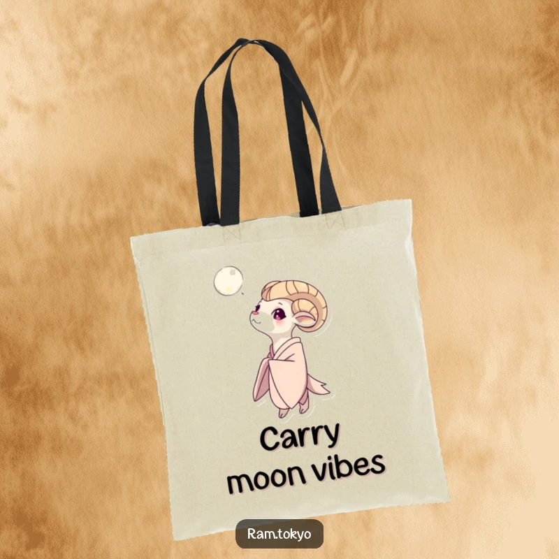 Funny Moon Gazing Ram Tote Bag: Ram in a flowing kimono gazing peacefully at the moon, ideal for carrying daily essentials.