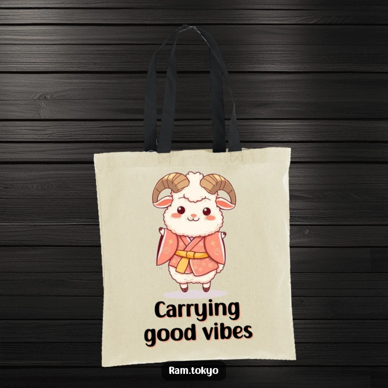 Funny tote bag showcasing a fluffy ram in a festive kimono, joyfully hopping with excitement and festive spirit.