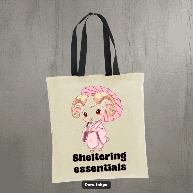 Funny tote bag showcasing a serene ram in a silk kimono, holding a delicate umbrella, perfect for carrying essentials gracefully.
